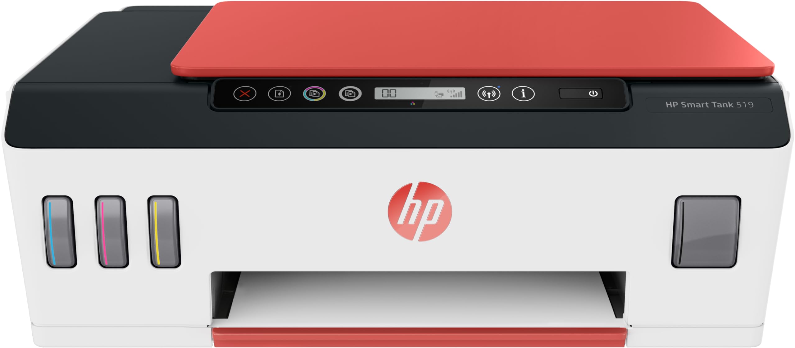 White HP all-in-one inkjet printer with red top cover and front control panel