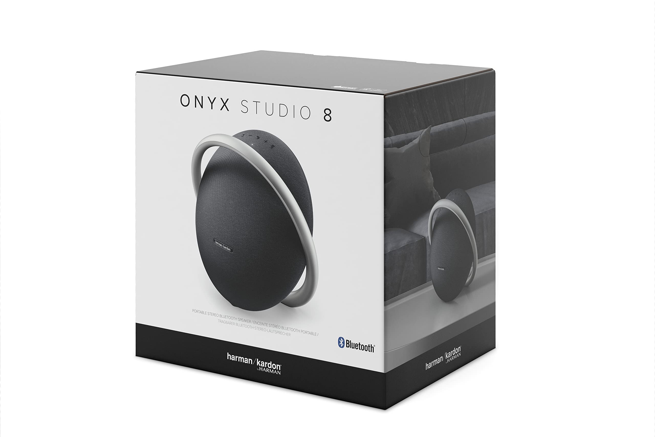Onyx Studio 8 portable Bluetooth speaker retail box with speaker image.