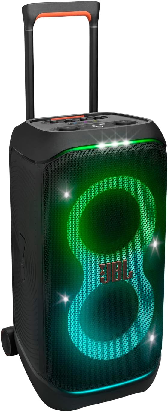 JBL PartyBox portable Bluetooth speaker with green glowing light rings and carry handle