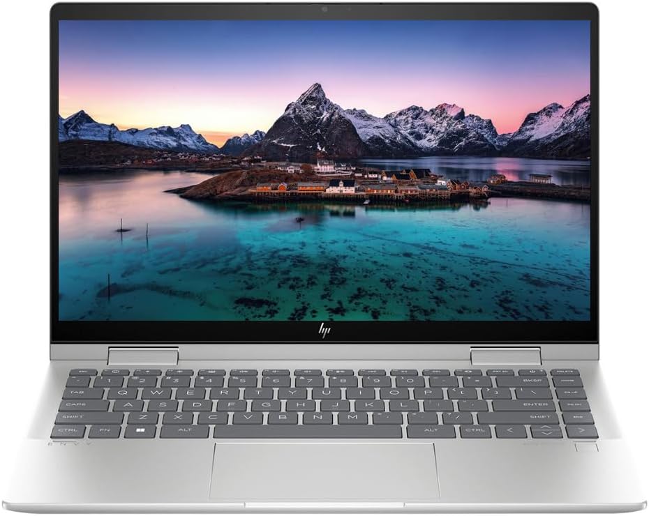 Silver HP Envy x360 laptop with 14-inch FHD touchscreen and full keyboard