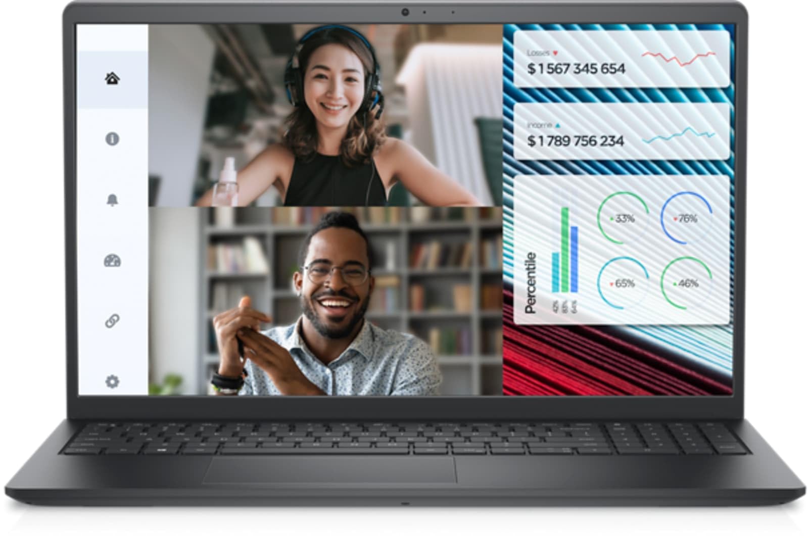 Dell Vostro laptop front view with video call and charts on display