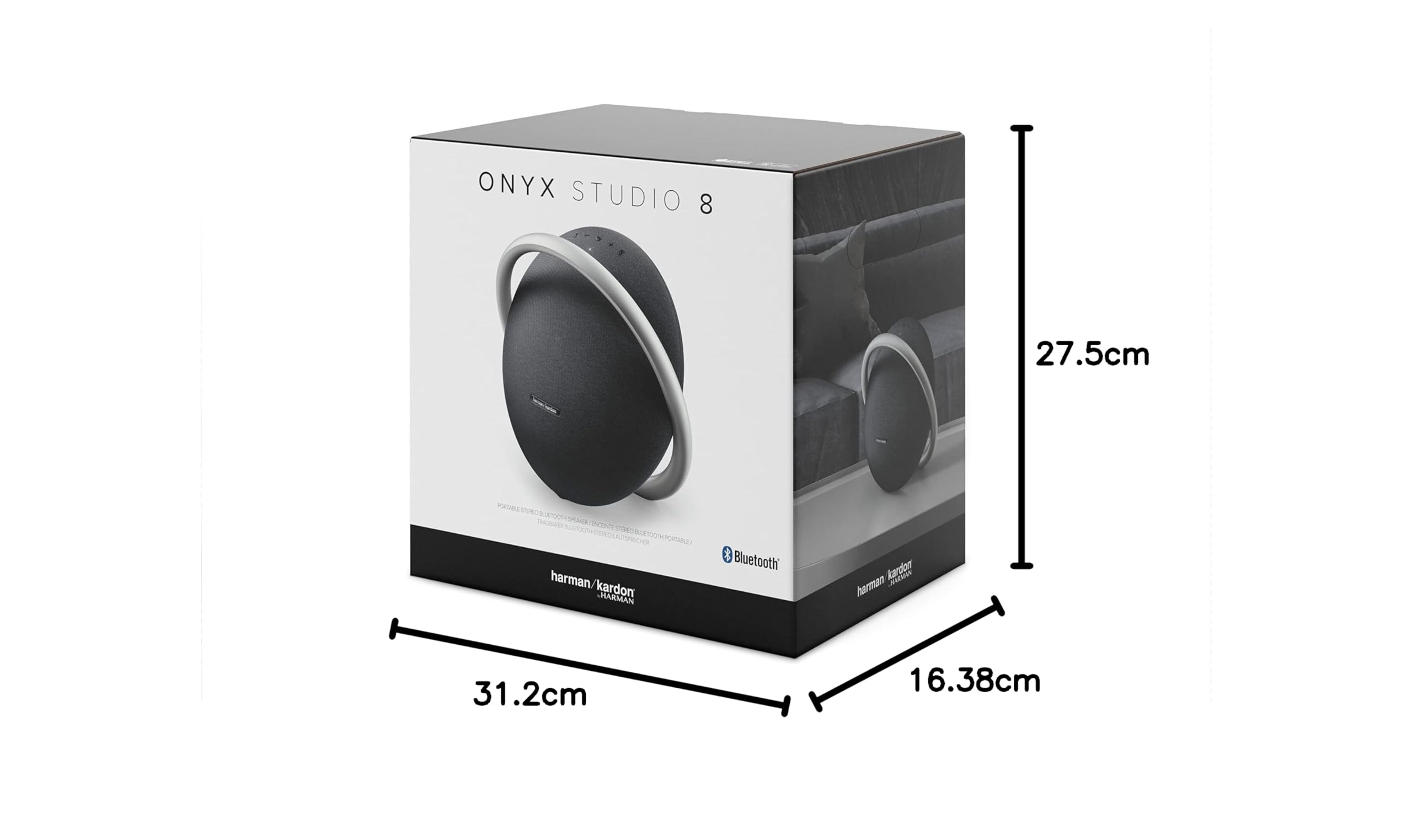 Onyx Studio 8 portable Bluetooth speaker box with size diagram.