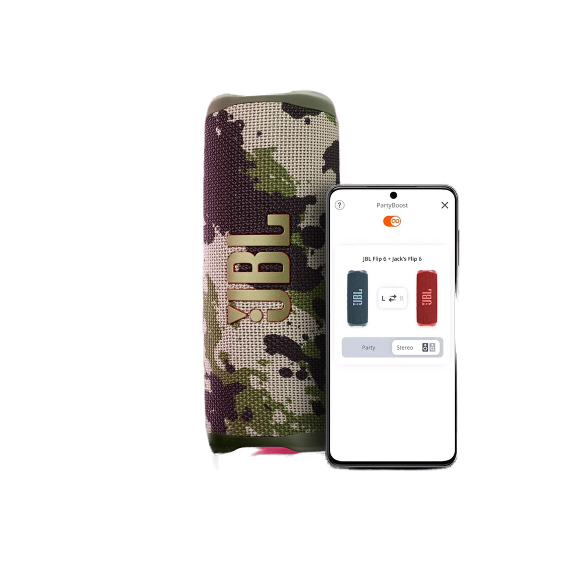 JBL Flip 6 camouflage speaker beside a smartphone showing Bluetooth options