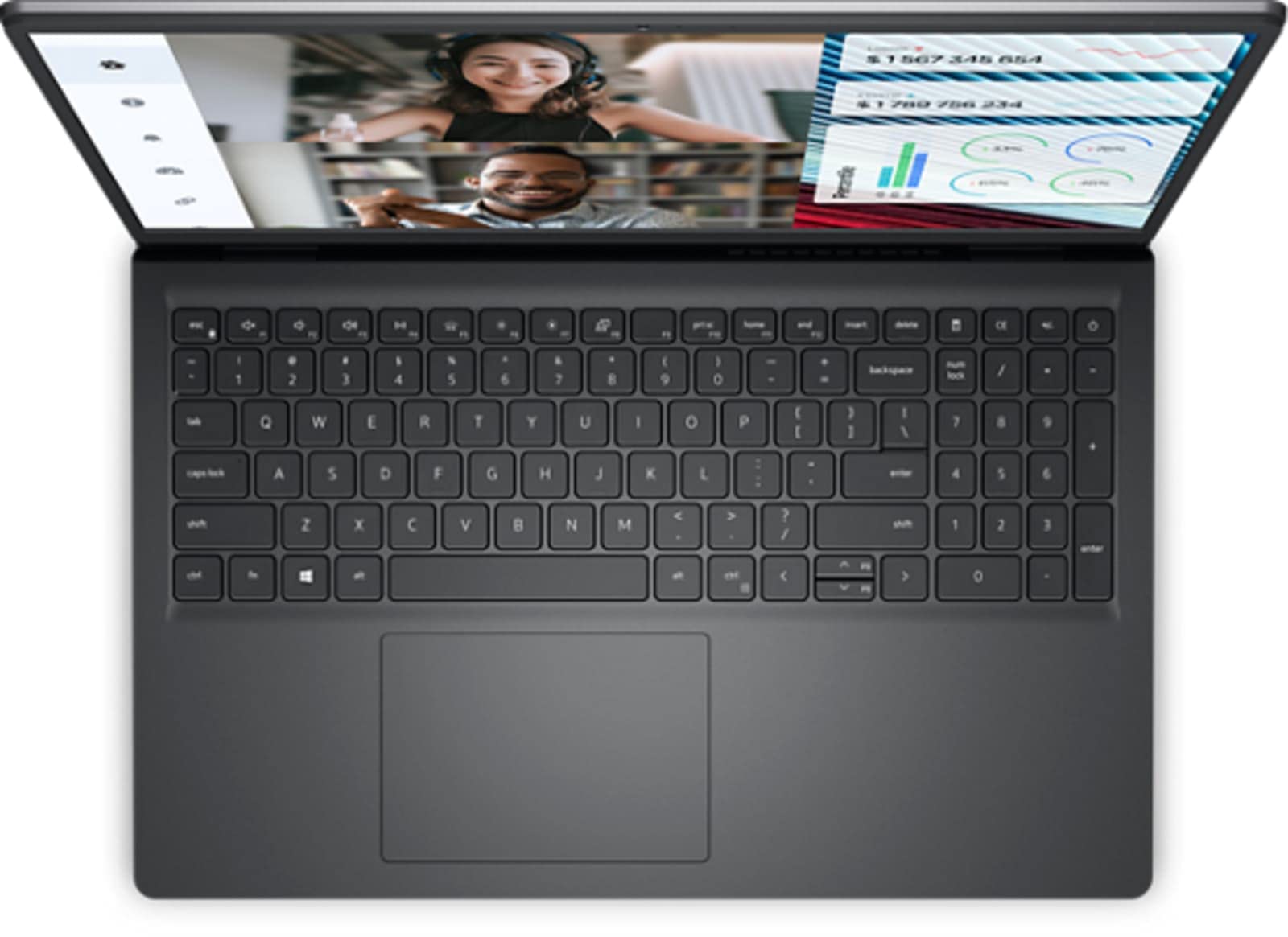 Dell Vostro laptop top view showing black keyboard and trackpad
