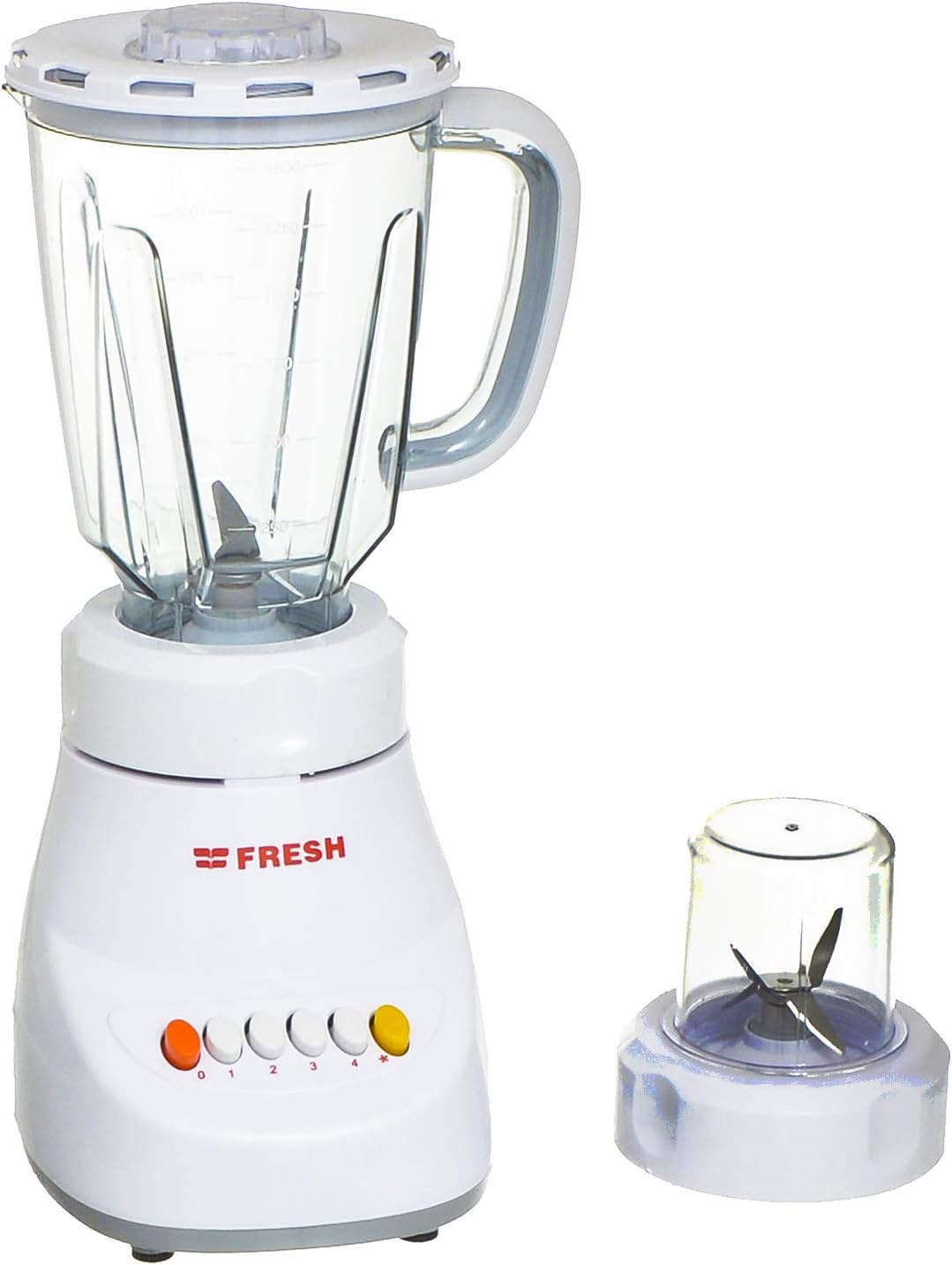White Fresh countertop blender with glass jar and control knobs