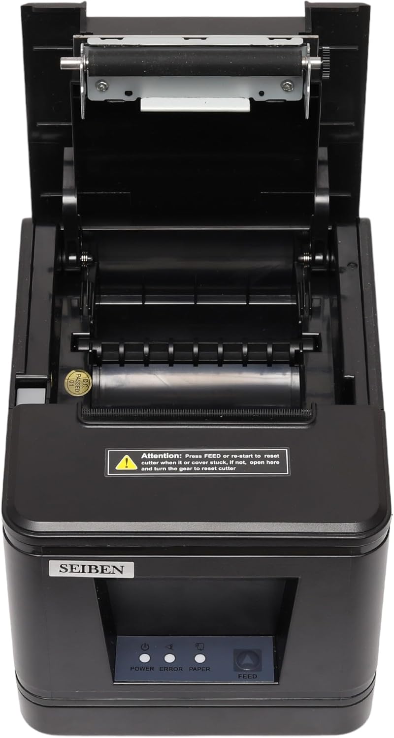Black POS thermal receipt printer with top cover open showing print mechanism and roll