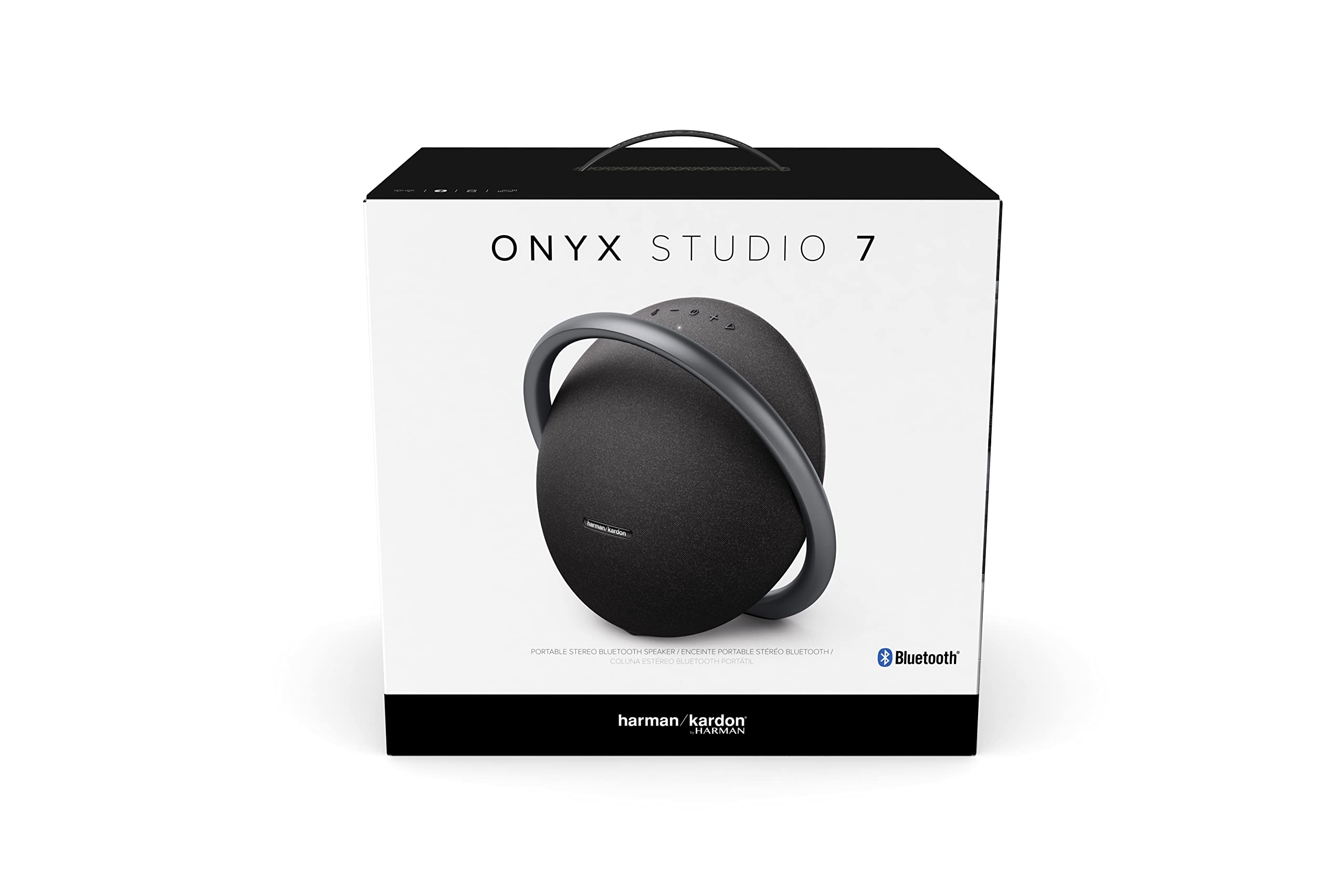 Harman Kardon Onyx Studio 7 Bluetooth speaker package with black speaker