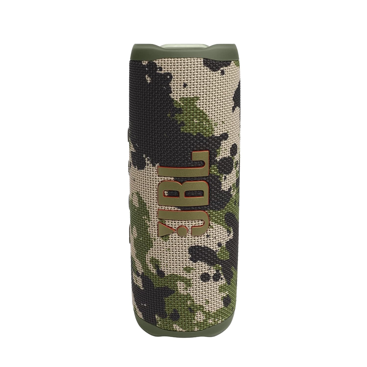 Portable JBL Flip 6 speaker in green-and-tan digital camo fabric with side controls