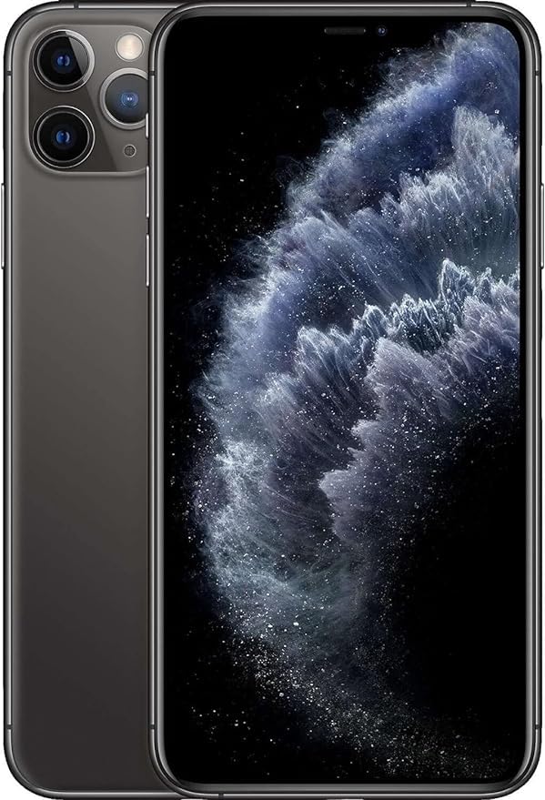 Renewed smartphone, grey back with triple rear cameras, front display with blue pattern