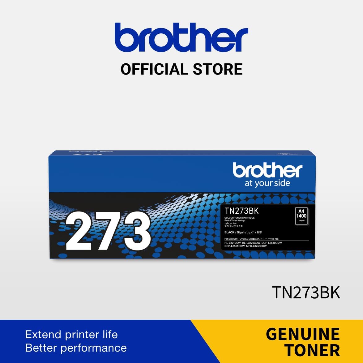 Black toner cartridge box labeled TN273BK with Brother branding and genuine toner