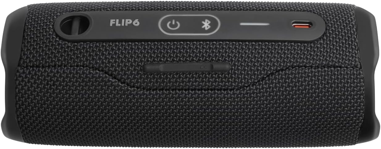 JBL Flip 6 portable speaker, black side view with buttons, charge and Bluetooth icons