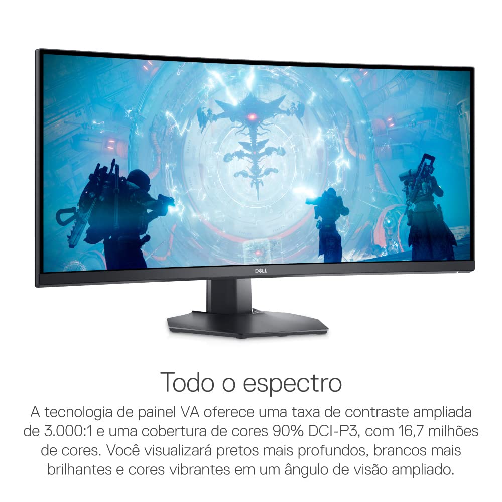 Black curved gaming monitor front view with stand, showing blue mech game scene