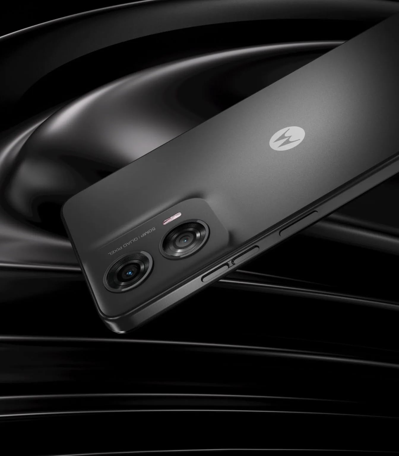 MOTOROLA smartphone in matte charcoal, close-up of dual rear cameras and side buttons