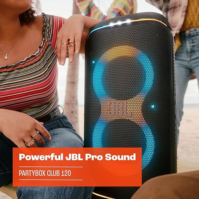 JBL portable Bluetooth speaker with blue circular light display on front