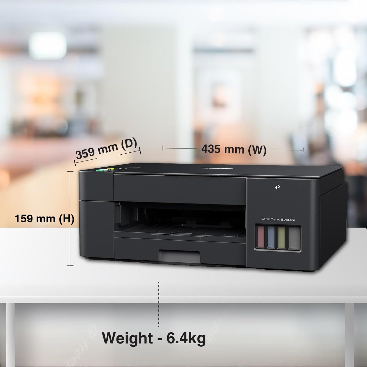 Black ink tank multifunction printer side view with size and weight labels