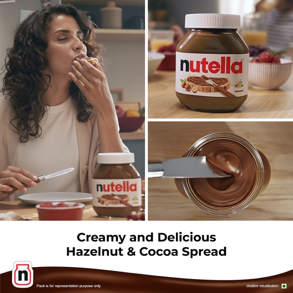 Nutella hazelnut spread jar with spoon, plus close view of glossy chocolate-hazelnut spread
