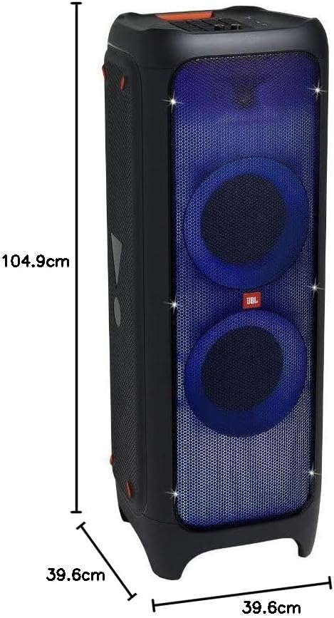 Portable Bluetooth speaker with blue LED drivers and height/width measurement lines