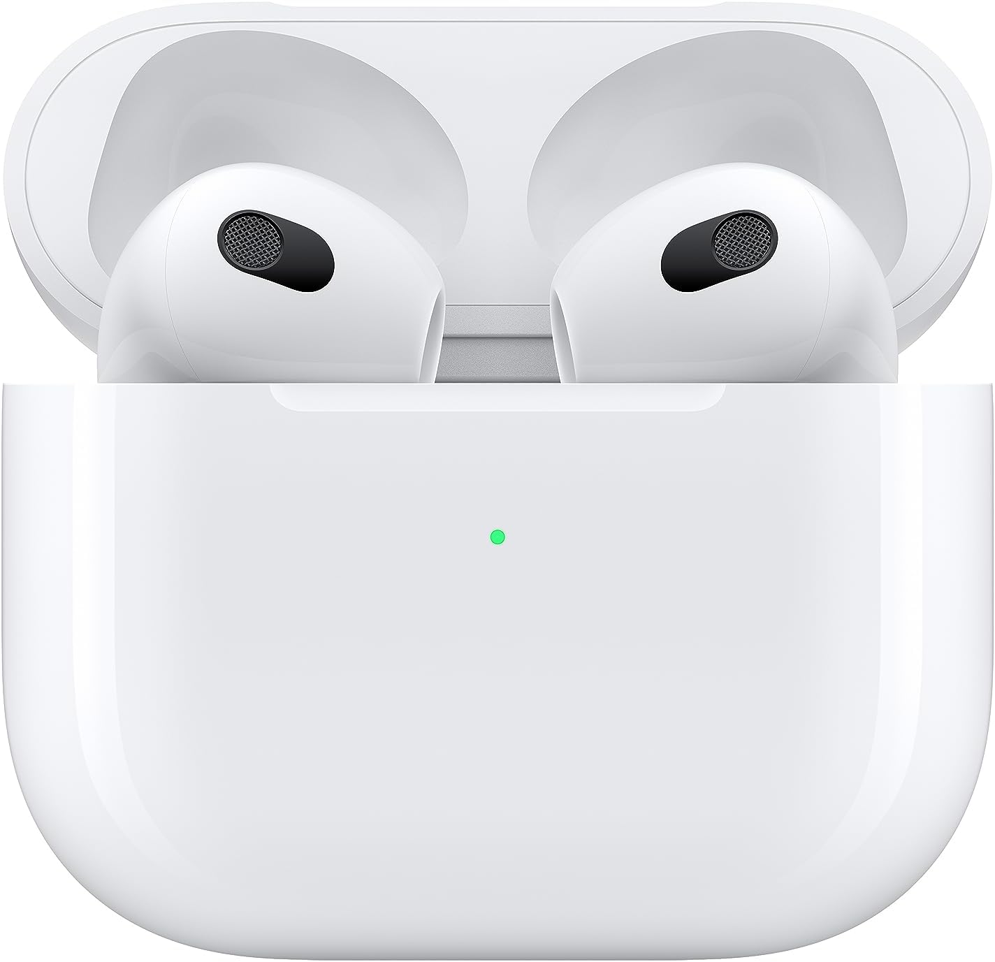 White charging case with earbuds resting inside, mesh speaker openings visible