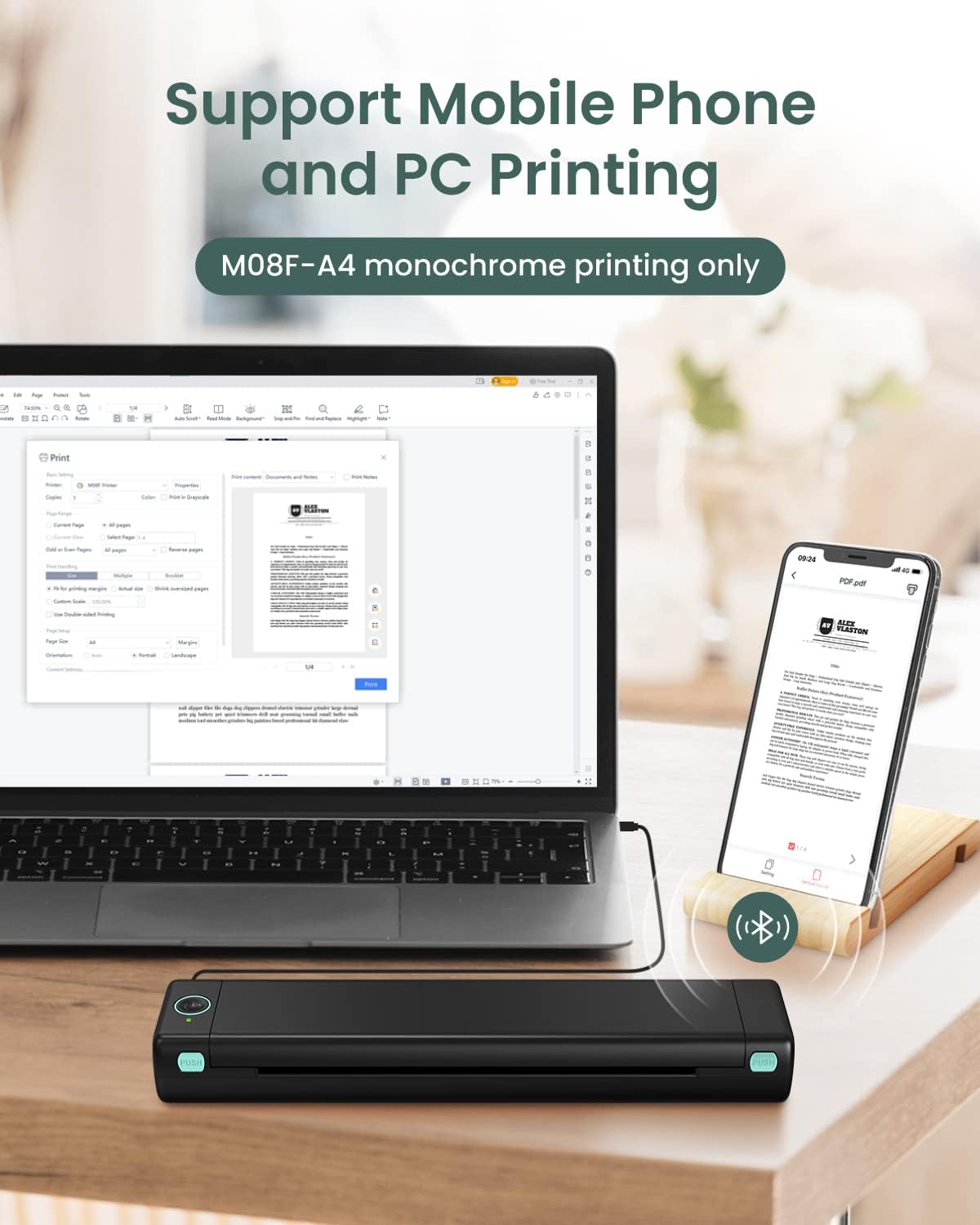 Inkless thermal A4 printer on desk connected to laptop and a phone