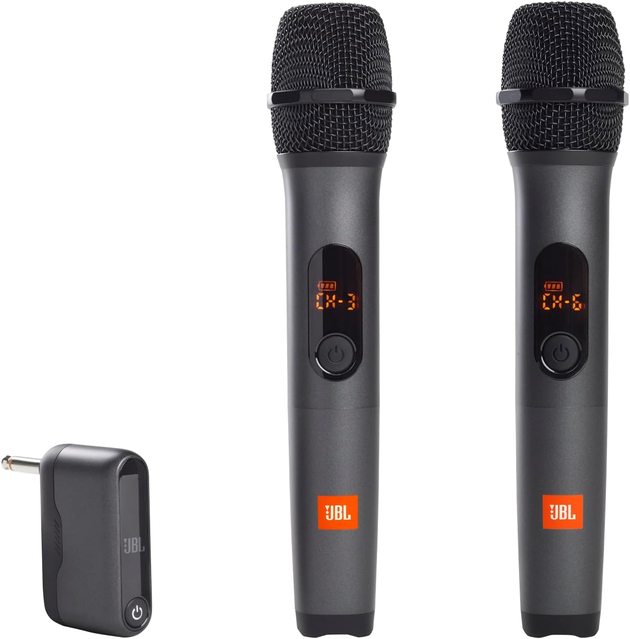 Black handheld microphone with textured grille, side controls, and red JBL logo