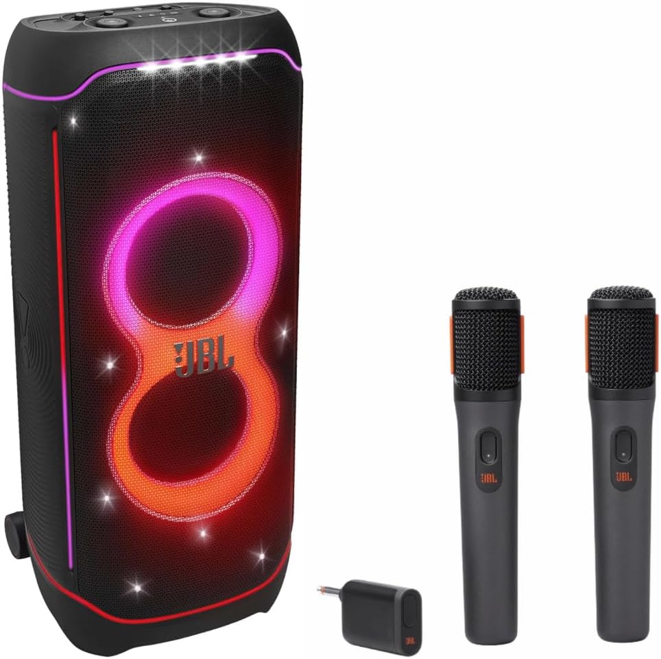 JBL PartyBox portable Bluetooth speaker with pink and orange lights with two microphones