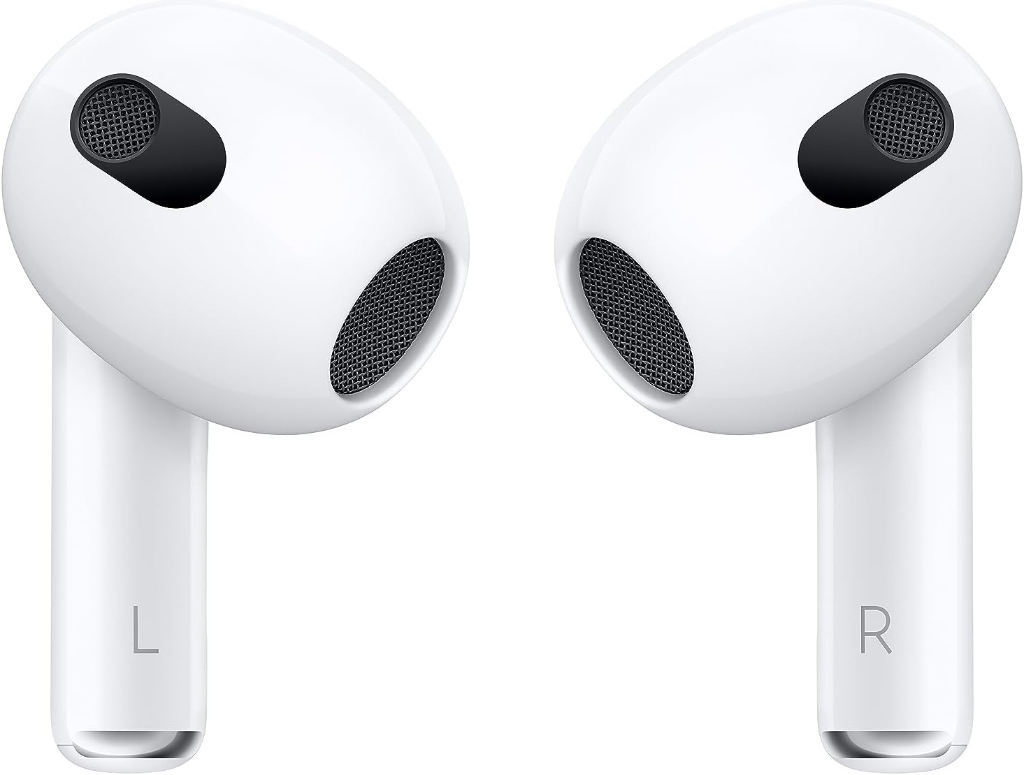 White wireless earbuds close-up, showing left and right speaker grilles and stems