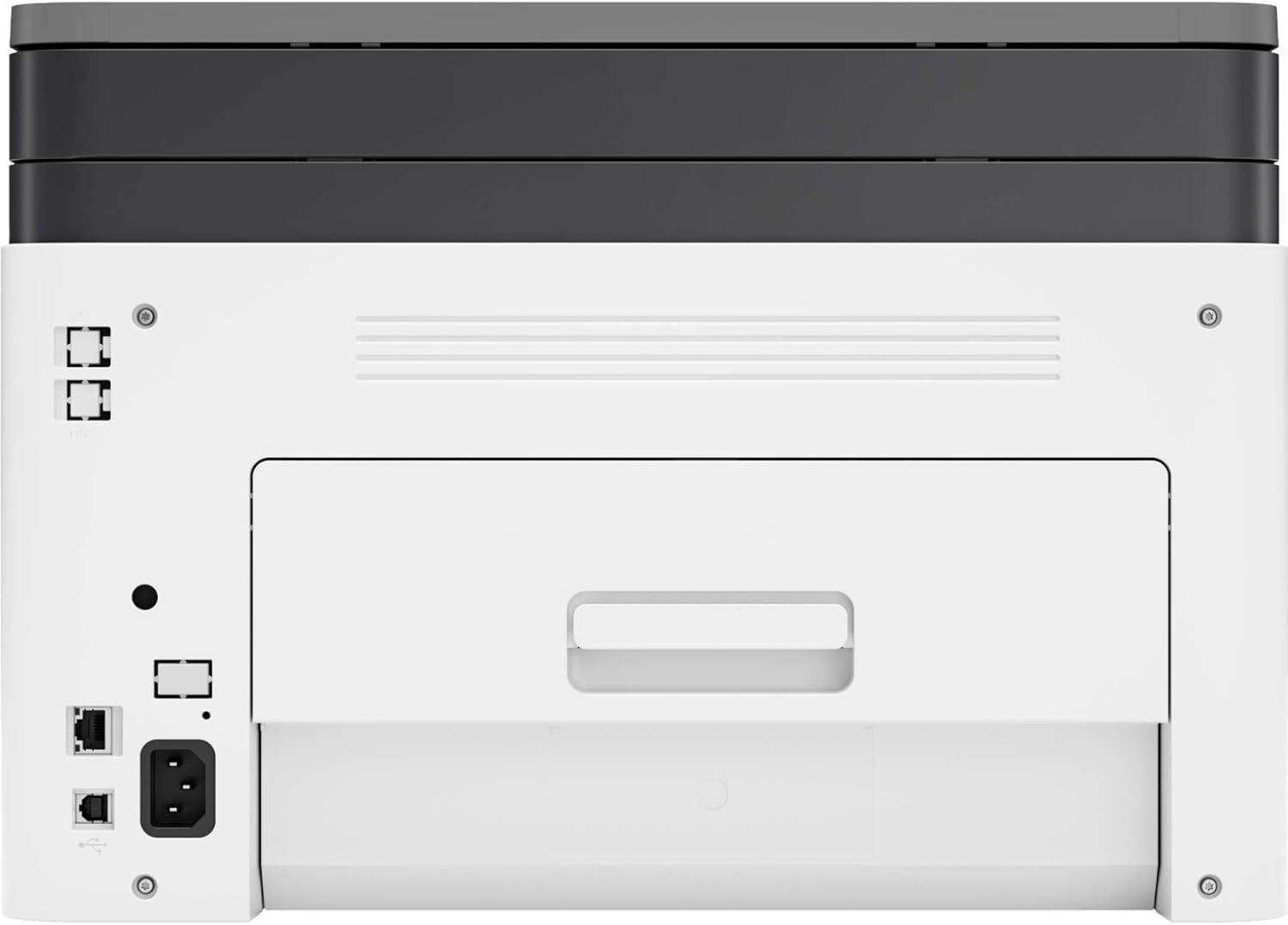 HP Color Laser multifunction printer rear ports and vented panel on white body