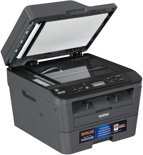 Black Brother monochrome laser multifunction printer with open scanner lid and paper feed