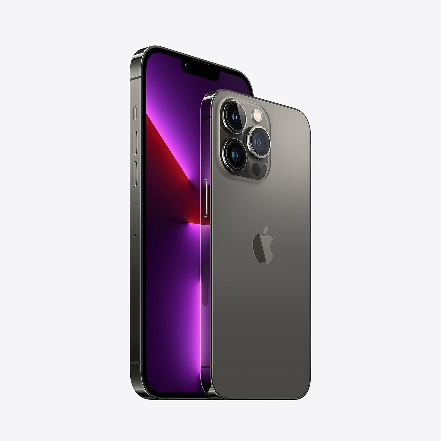 Graphite iPhone back and side view with triple cameras and Apple logo