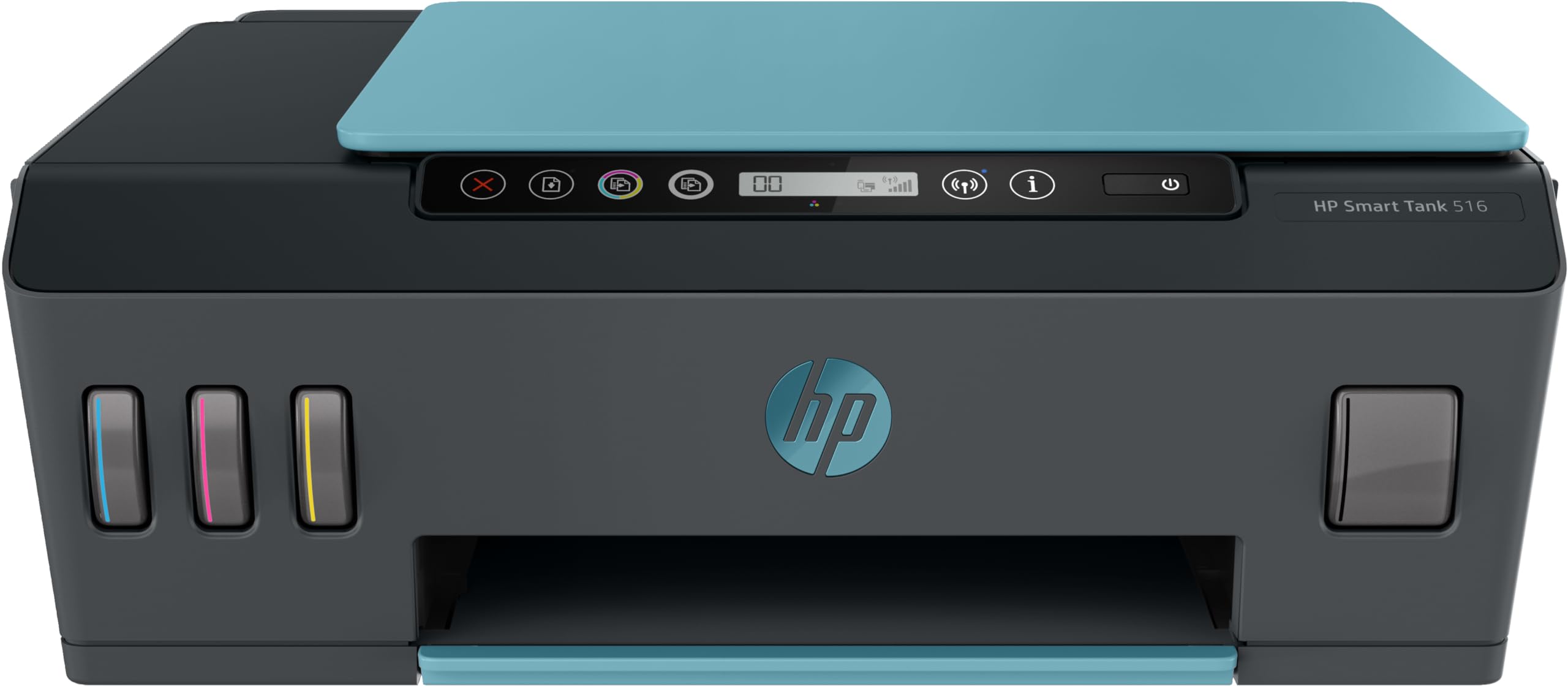 Grey HP all-in-one inkjet printer with blue top cover and front paper output slot