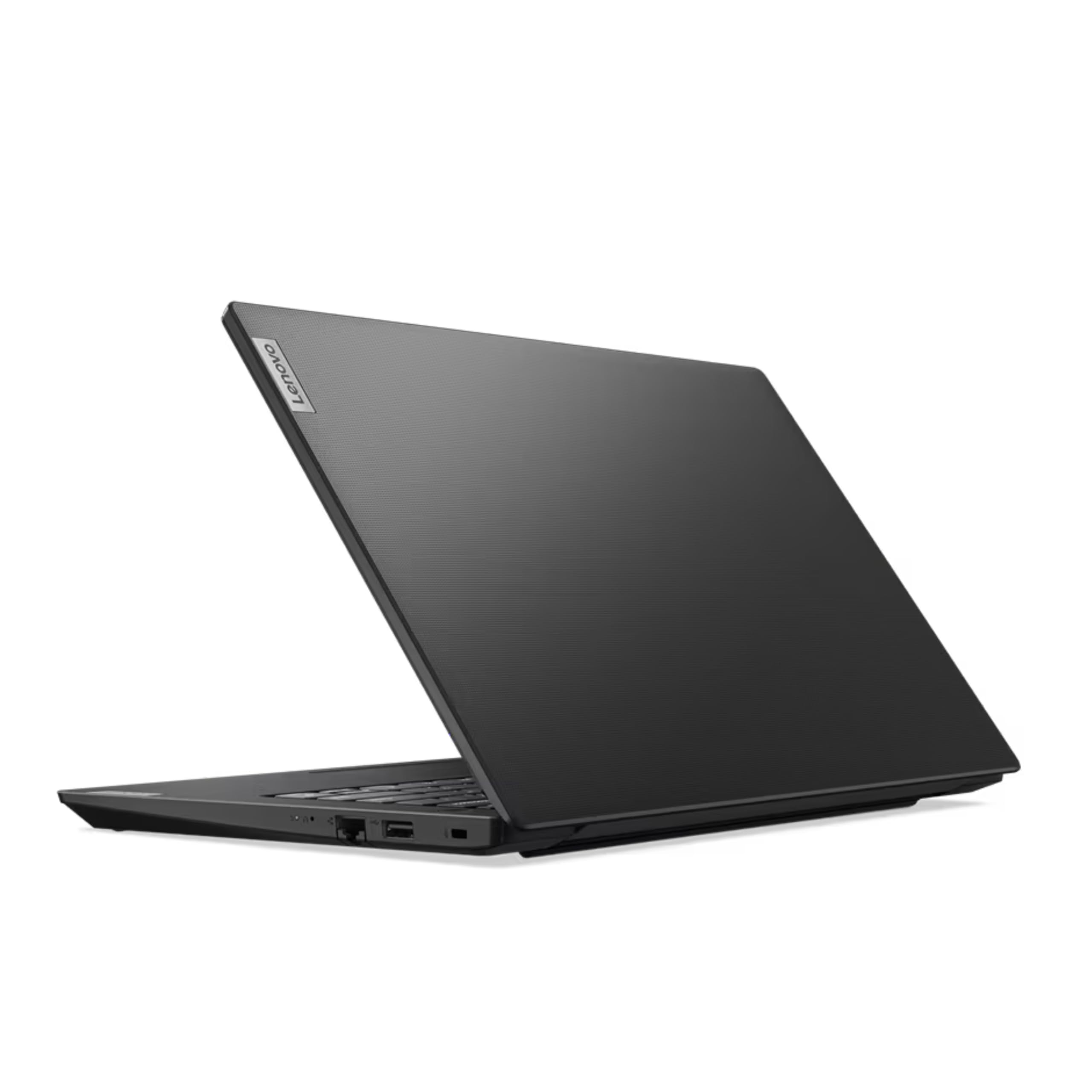 Black Lenovo laptop back view, slim lid and hinge area visible
