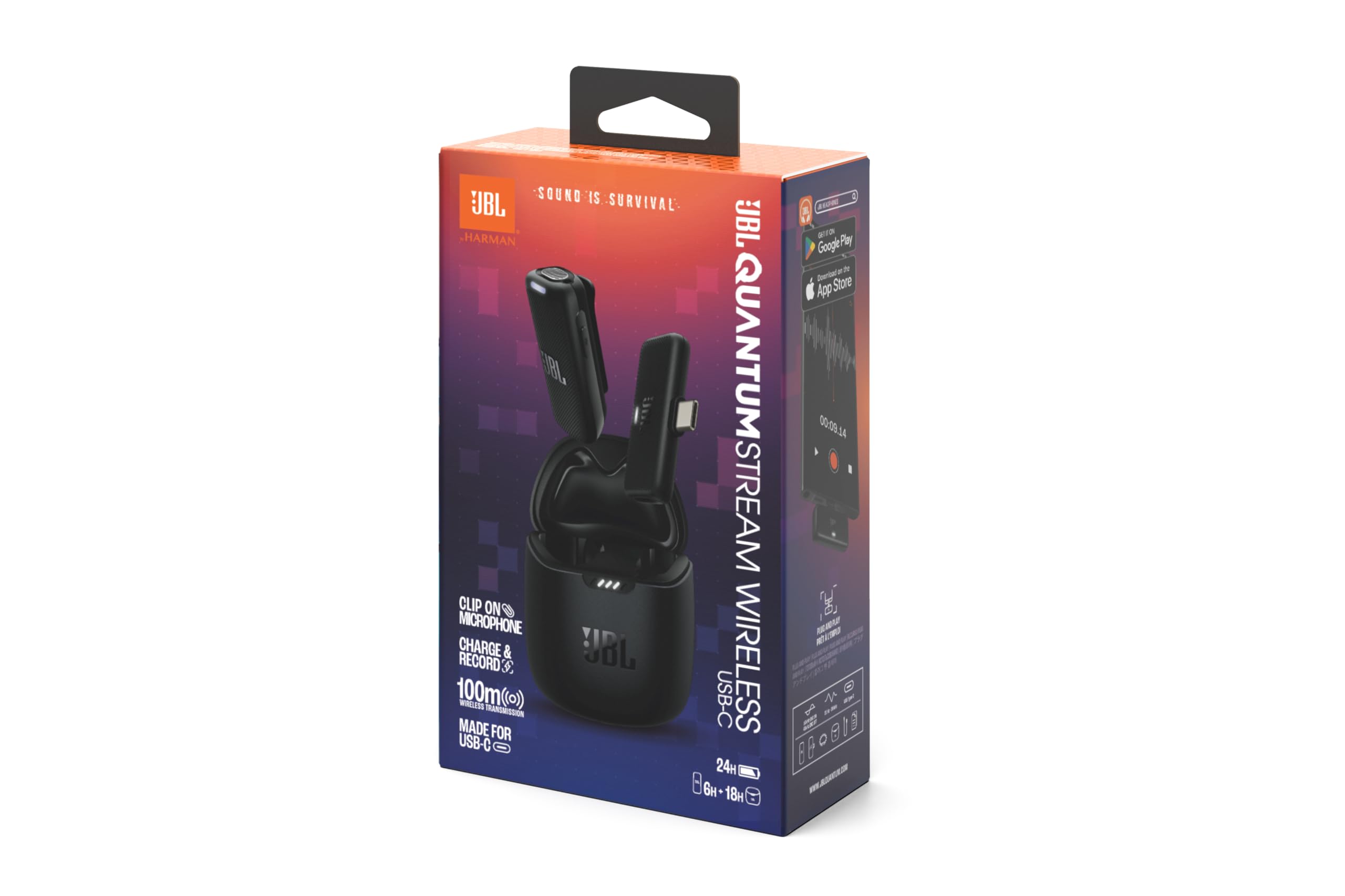 JBL microphone product box packaging with black handheld mic shown