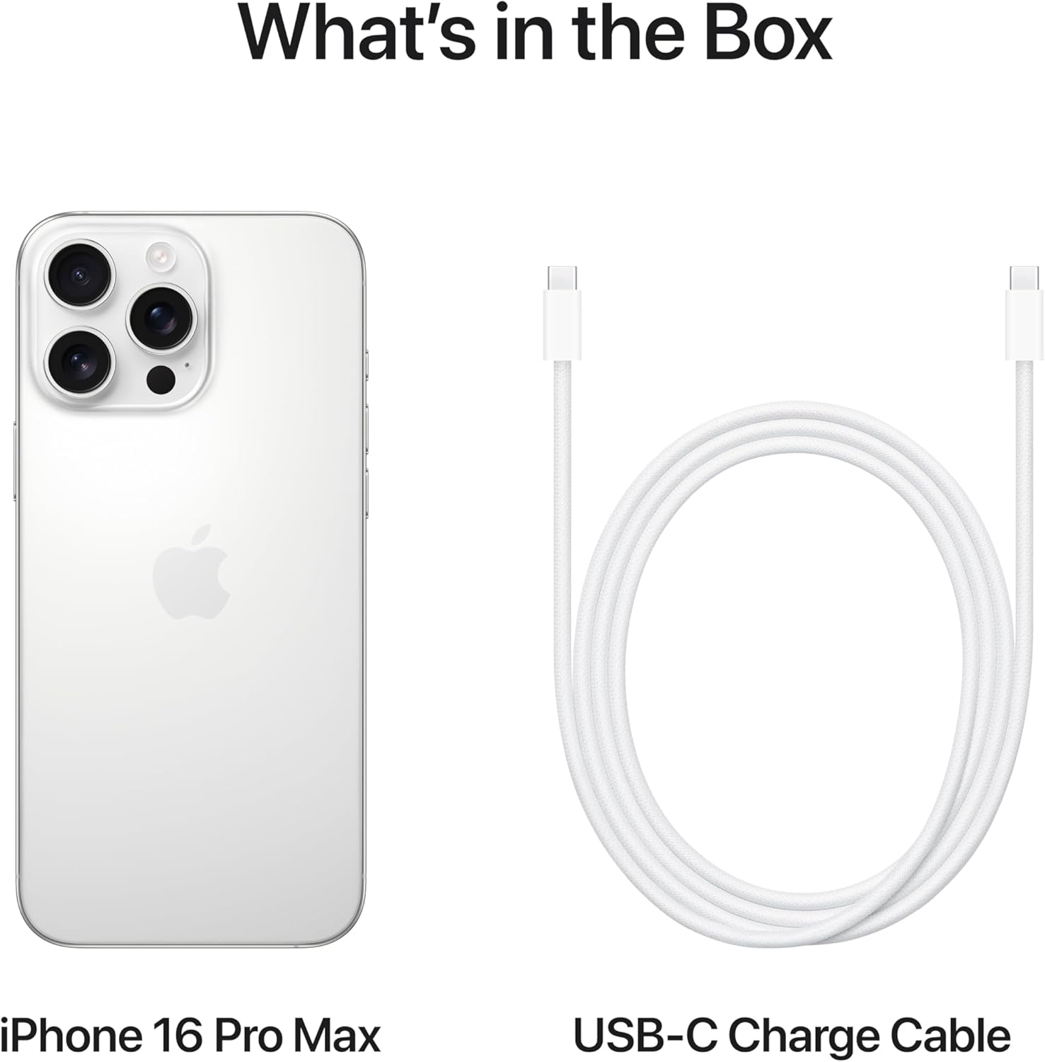 White Apple iPhone with rear camera and USB-C charge cable, box contents layout