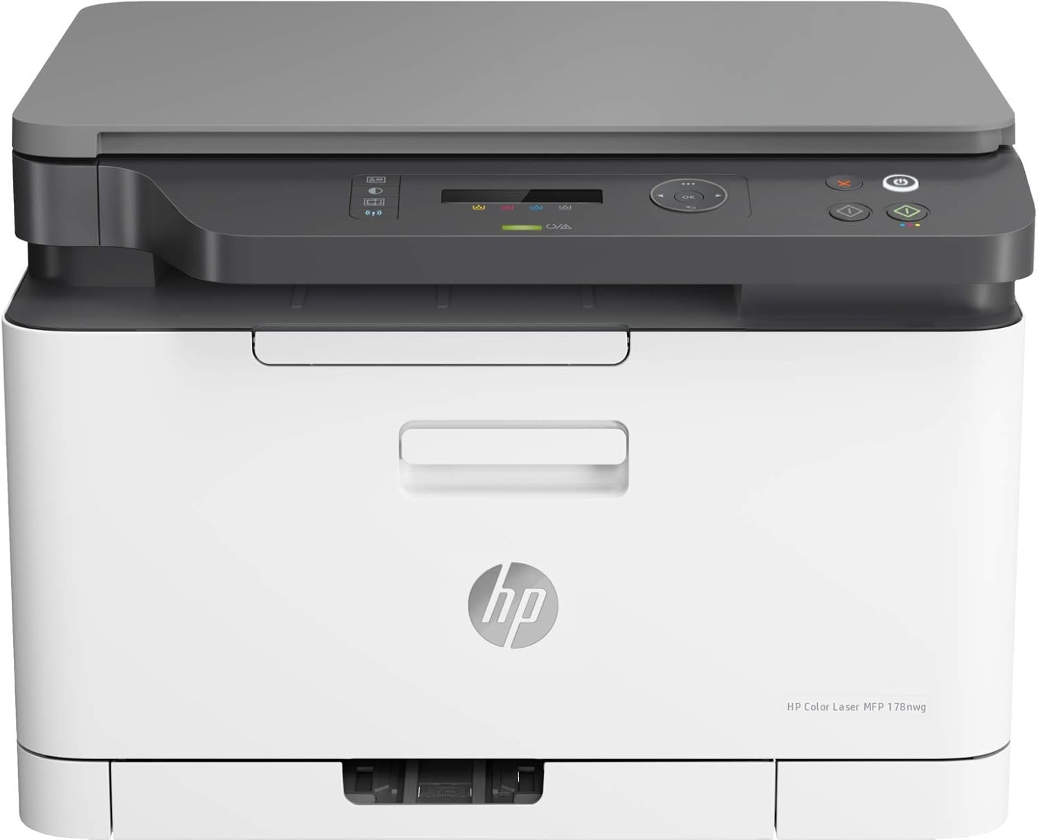 HP Color Laser multifunction printer with front paper tray and HP logo on white body