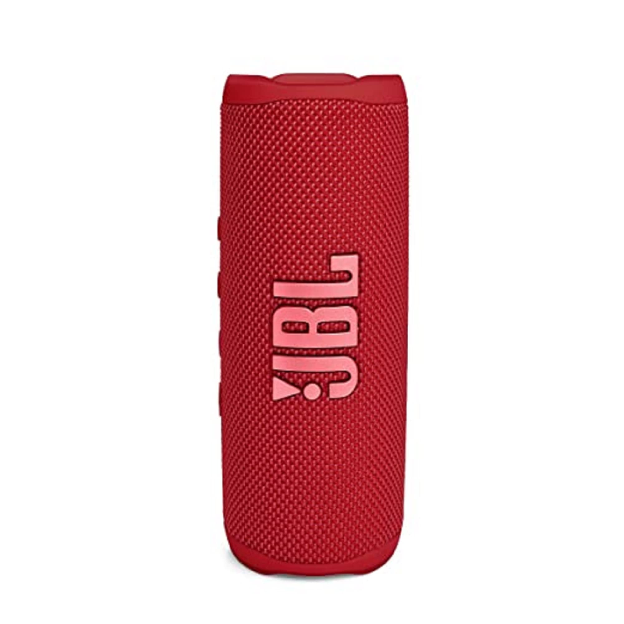 Portable JBL Flip 6 speaker in red fabric with JBL logo and side button strip