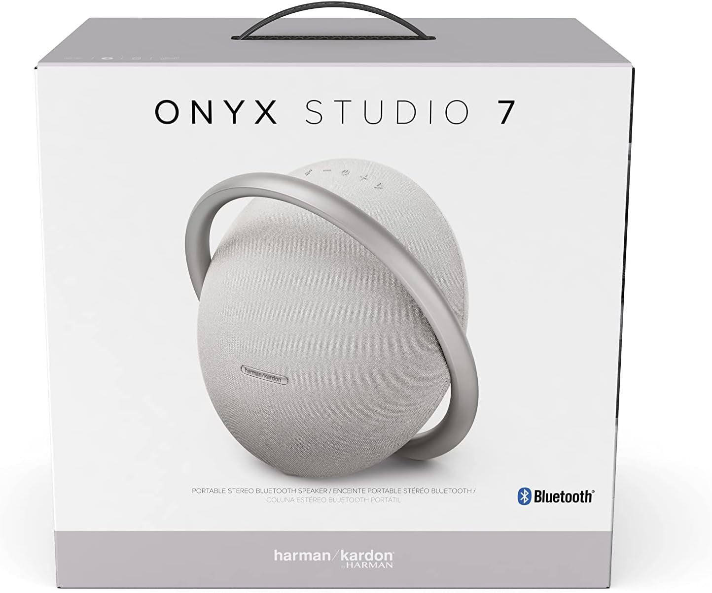 Harman Kardon Onyx Studio 7 Bluetooth speaker retail box with light gray speaker