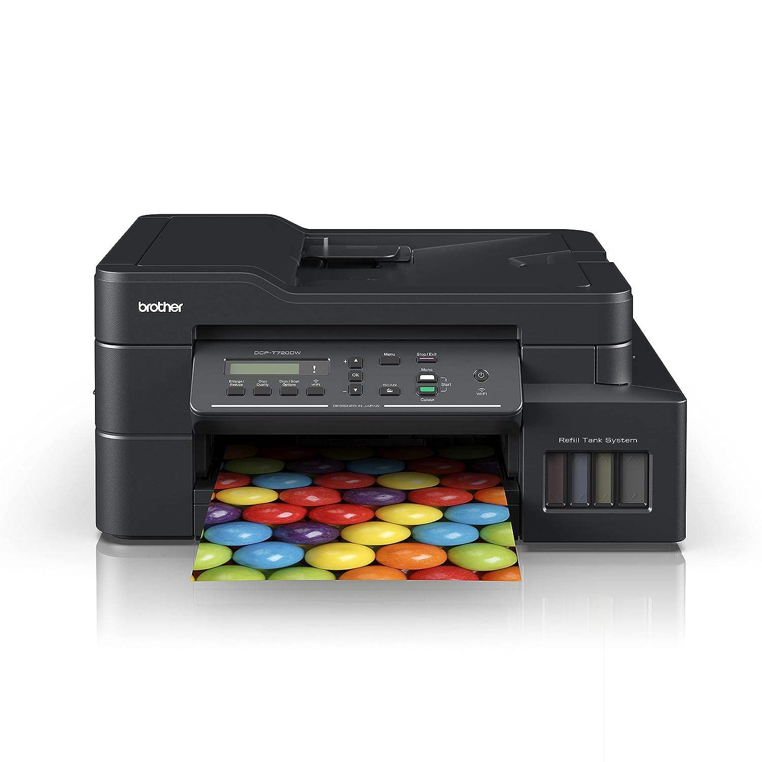 Brother wireless all-in-one ink tank printer with front panel display and color ink bottles