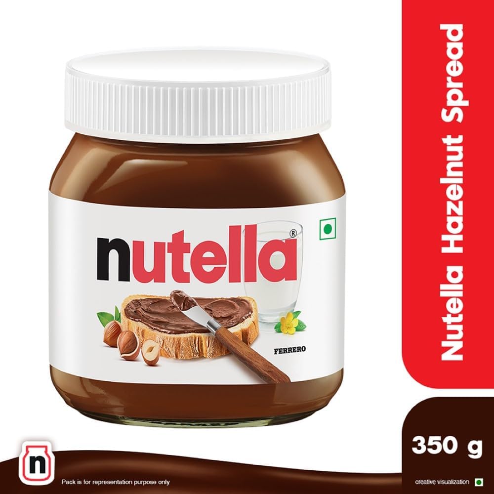 Nutella hazelnut spread jar with white lid, 350 g front label and spread illustration