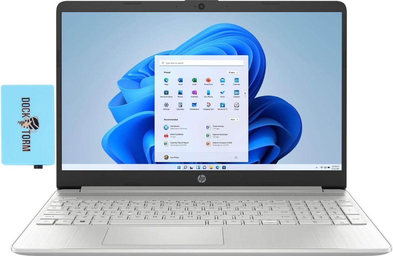 HP 15s business laptop, open screen with white keyboard