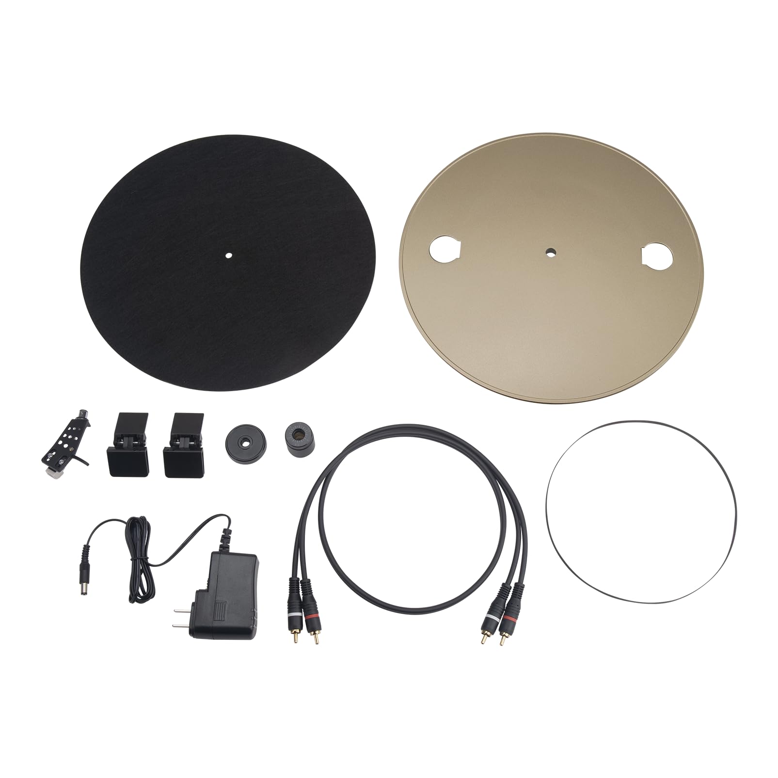 JBL turntable accessory kit with black and gold discs, cables, adapters, and small parts