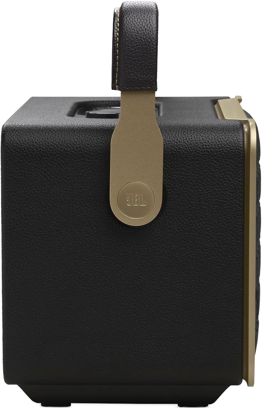 JBL retro smart speaker back with leather-like carry strap and textured black body
