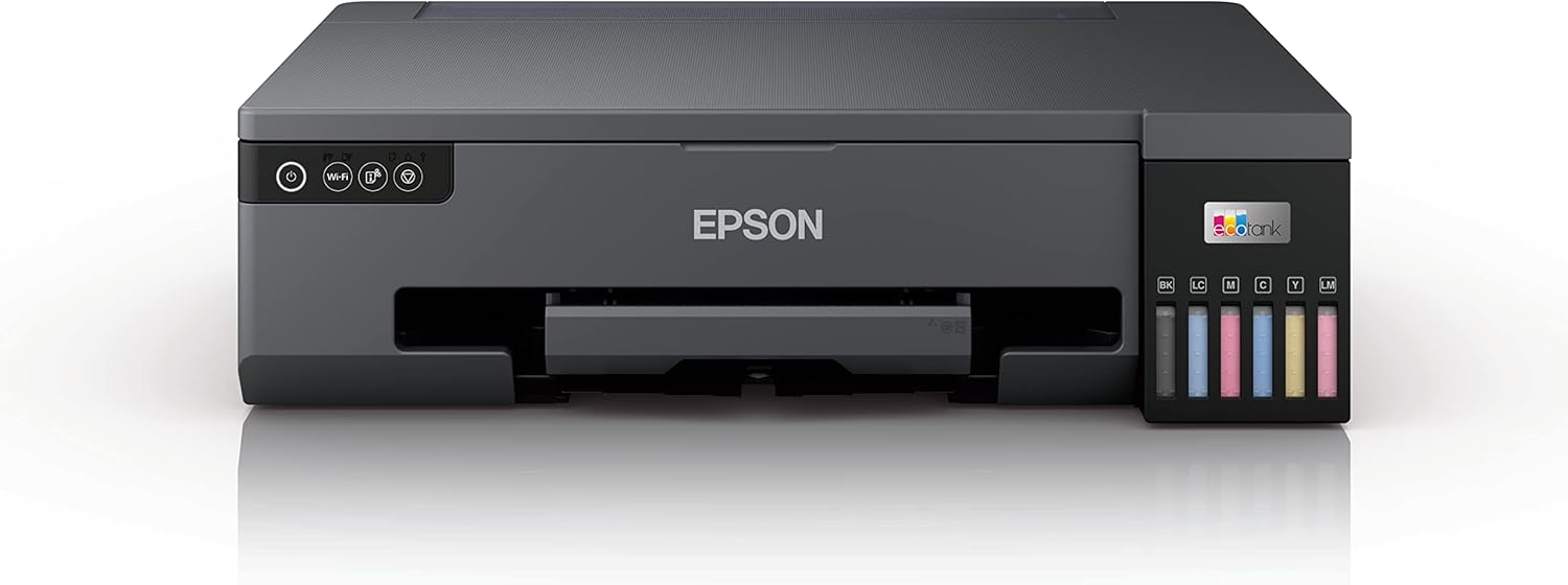 EPSON EcoTank L18050 A3 photo printer with front control panel and ink bottles