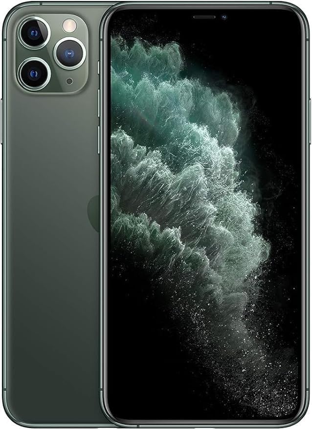Renewed smartphone, dark green back with triple rear cameras, front display with green pattern