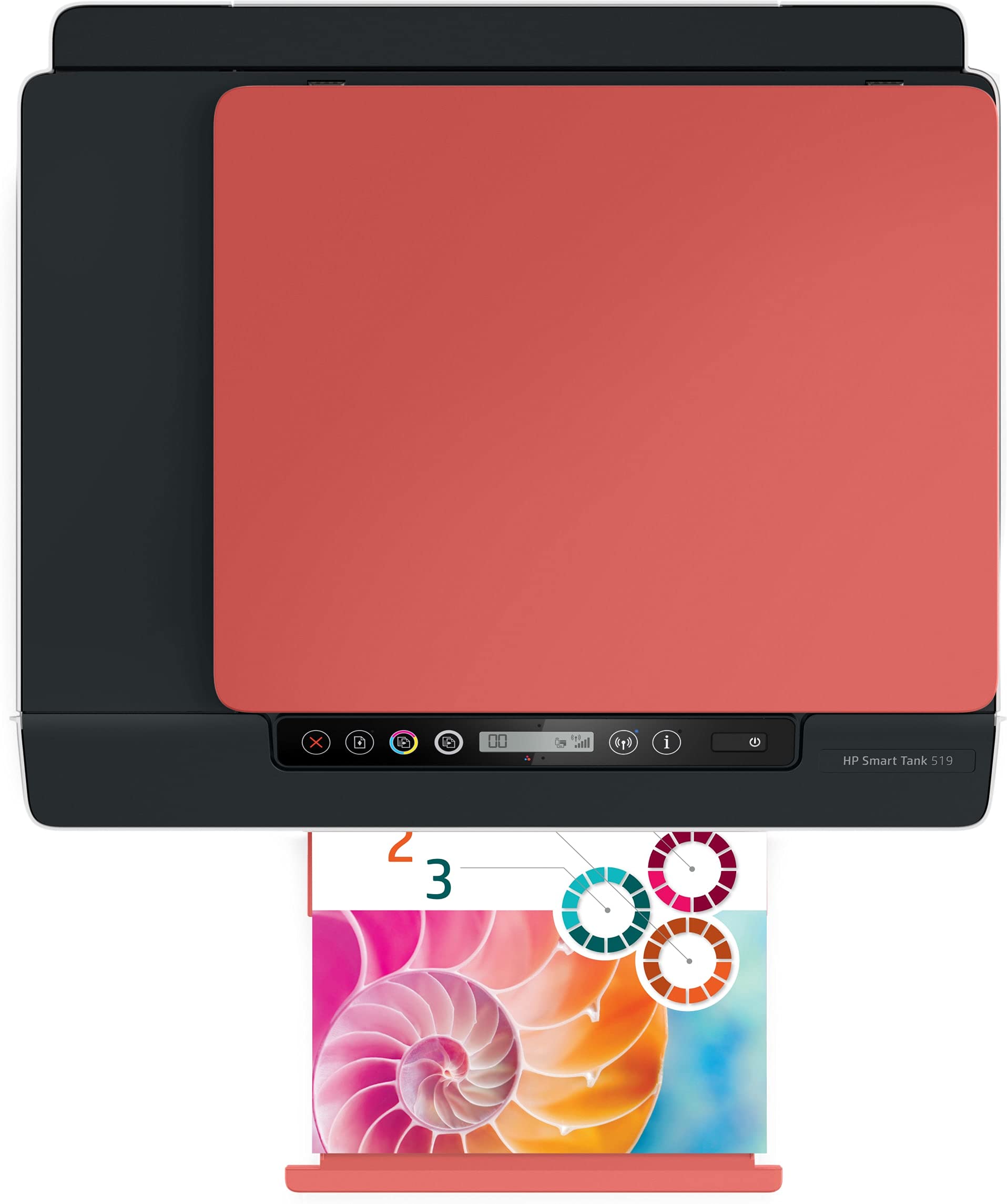 HP all-in-one inkjet printer with dark top and red touchscreen control panel