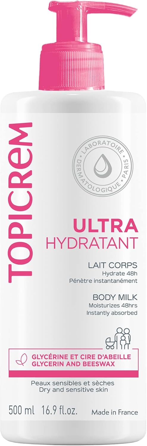 Topicrem Ultra Hydratant body milk lotion bottle, 500 ml with pink pump