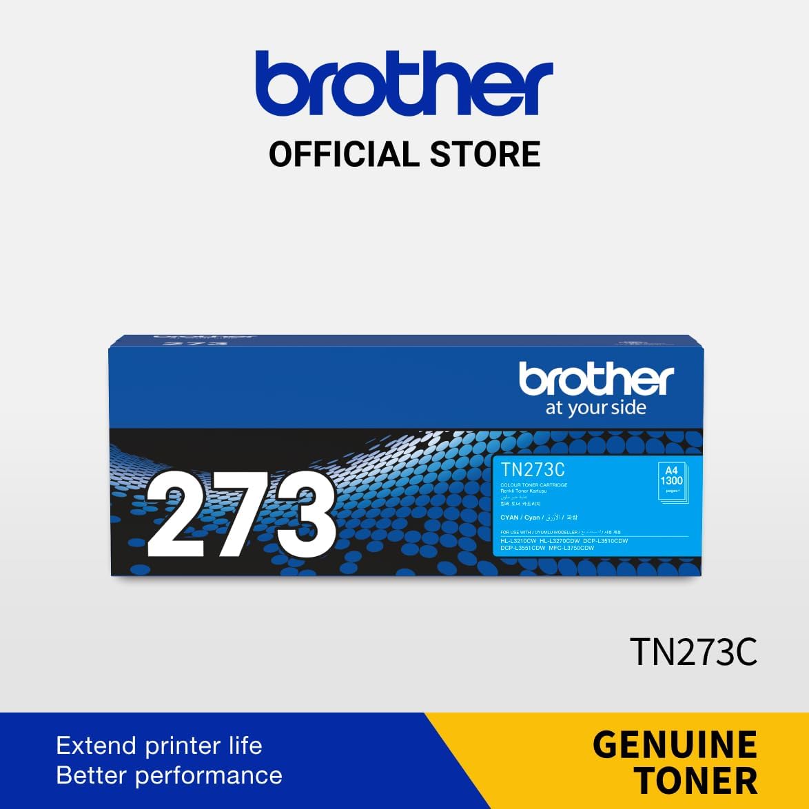 Cyan toner cartridge box labeled TN273C, Brother at your side, genuine toner