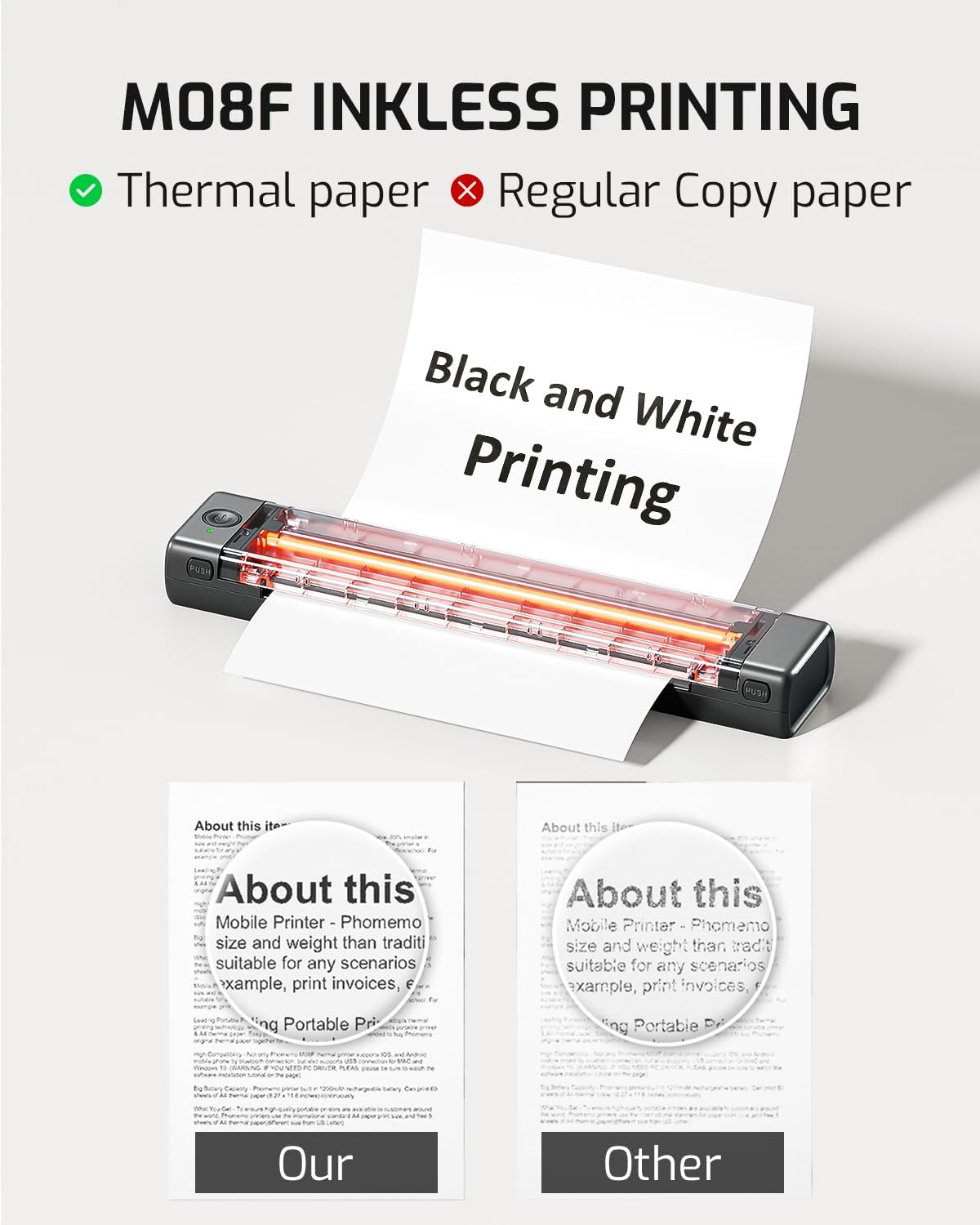 Portable inkless thermal printer showing long thermal output and two sample pages