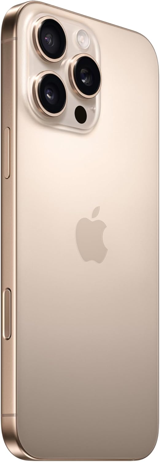 iPhone 16 Pro Max phone back in desert titanium, showing Apple logo and triple cameras