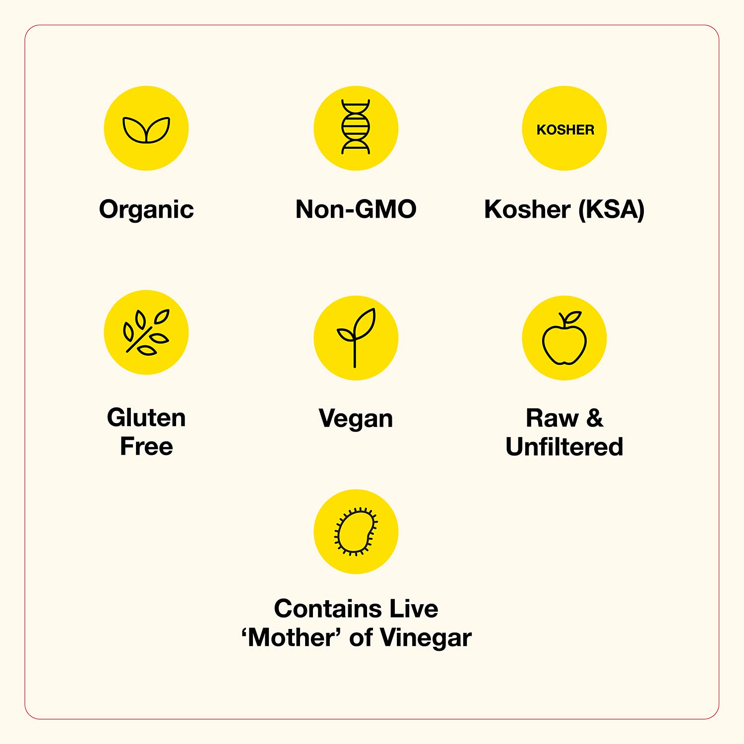 Apple cider vinegar label icons: Organic, Non-GMO, Kosher, Gluten-free, Vegan, Raw & Unfiltered.