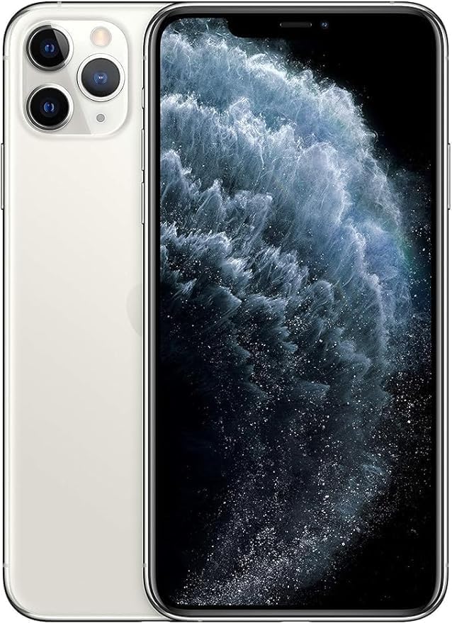 Renewed smartphone, white back with triple rear cameras, front display with blue abstract pattern